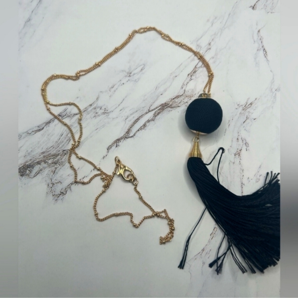 Statement Necklace Flapper Inspired Long Black Tassle Gold Tone